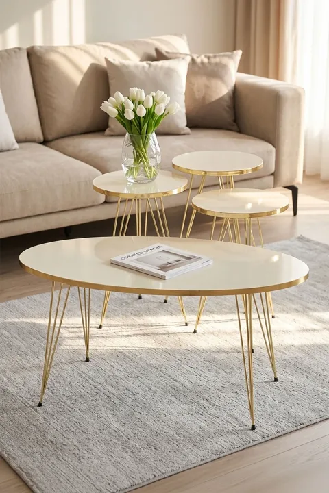 Nesting Table and Coffee Table Ellipse Set Gold Cream Wire