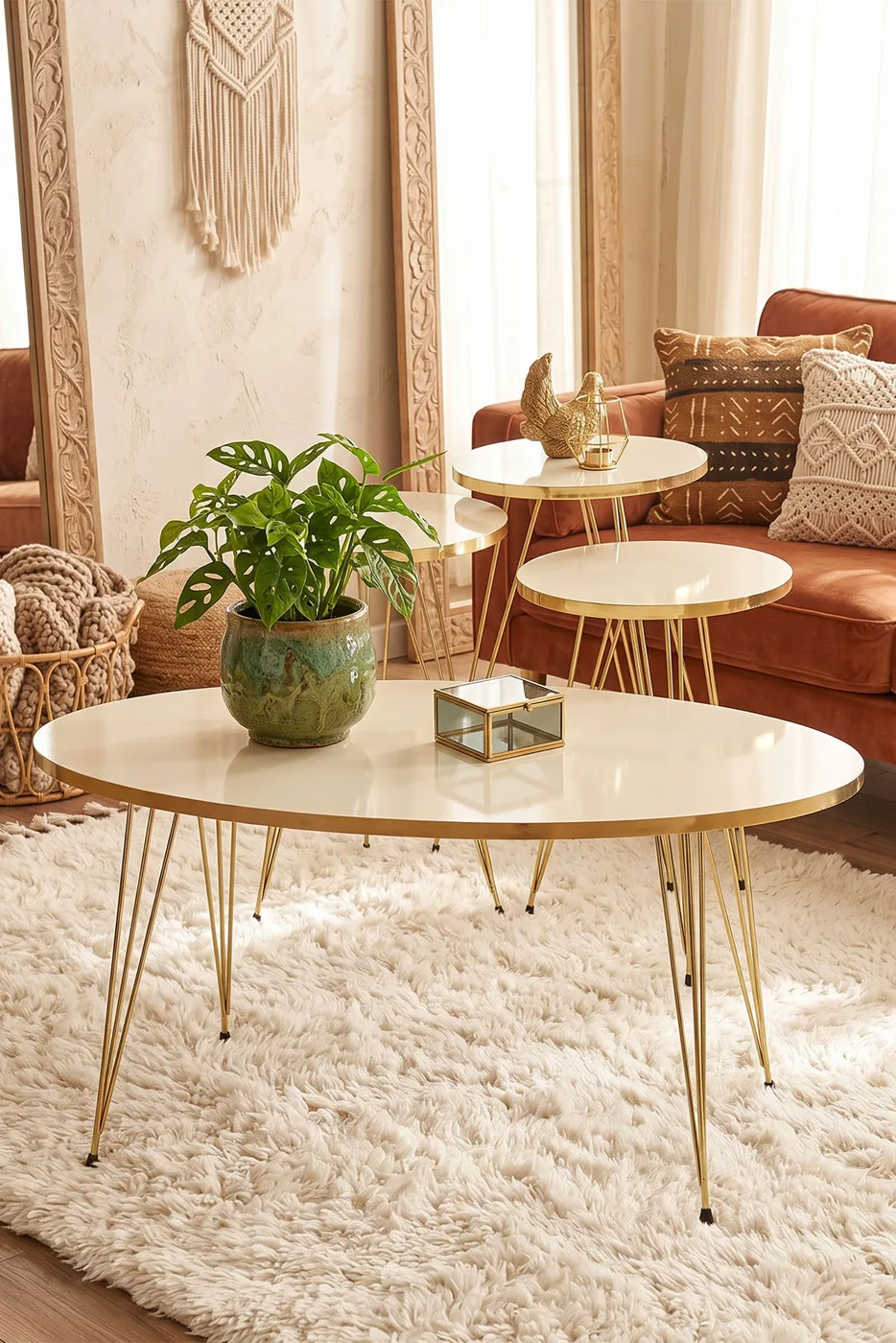 Nesting Table and Coffee Table Ellipse Set Gold Cream Wire
