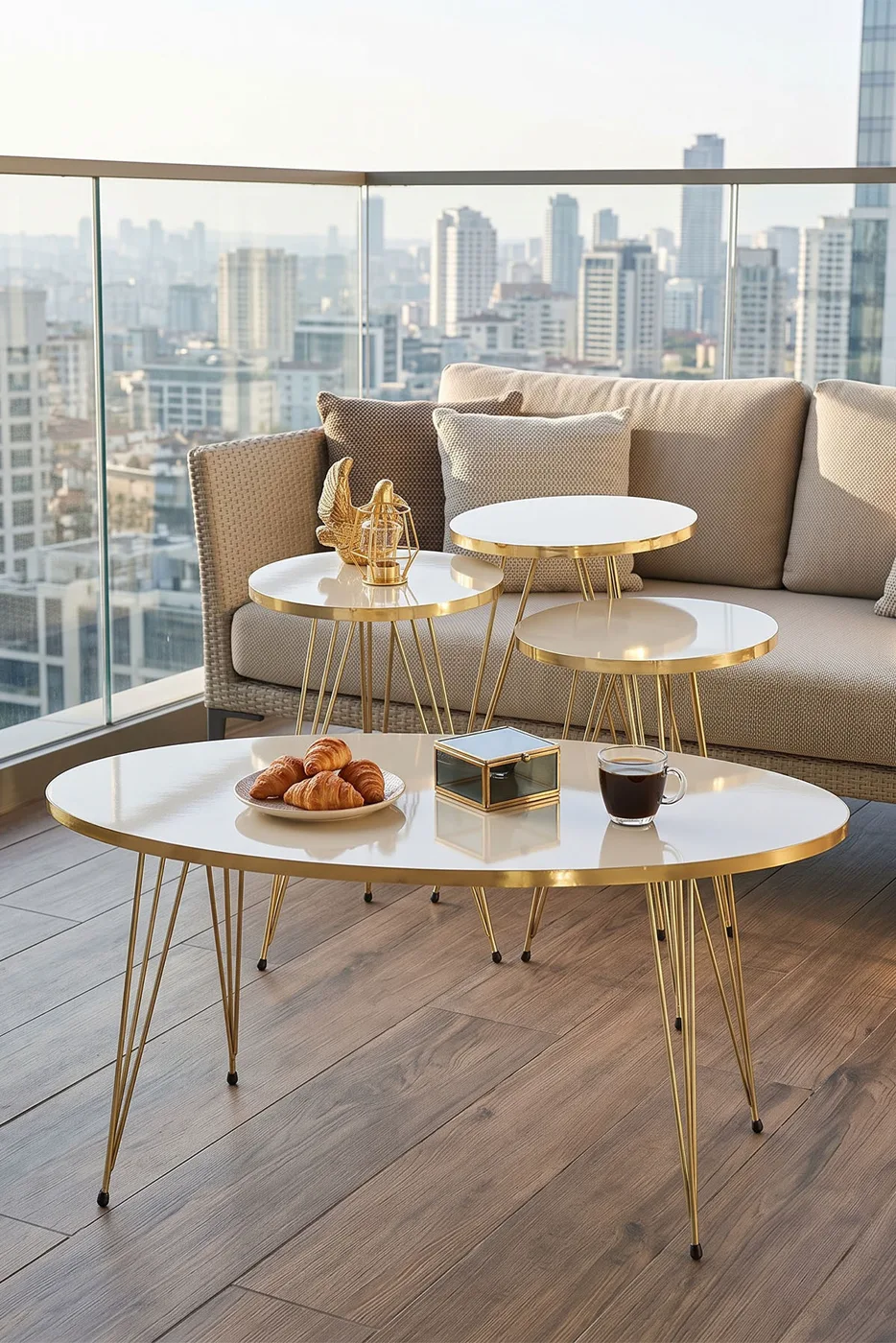 Nesting Table and Coffee Table Ellipse Set Gold Cream Wire