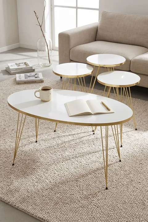 Nesting and Coffee Table White Elliptical Set Gold Wire-legged