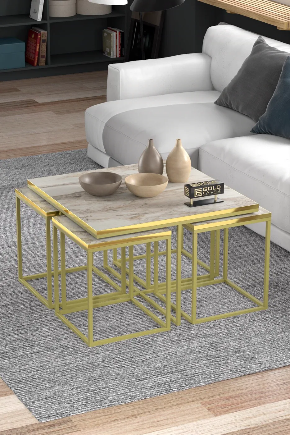 Goldfalez Gold Metal İskelet 5'li Orta Sehpa Seti Suntalam Efes Beyaz