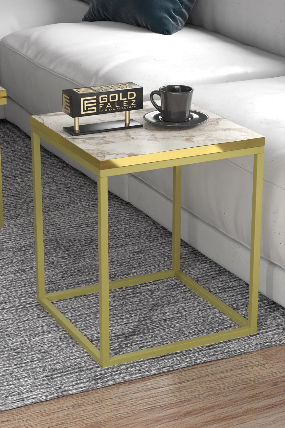 Goldfalez Gold Metal İskelet 5'li Orta Sehpa Seti Suntalam Efes Beyaz