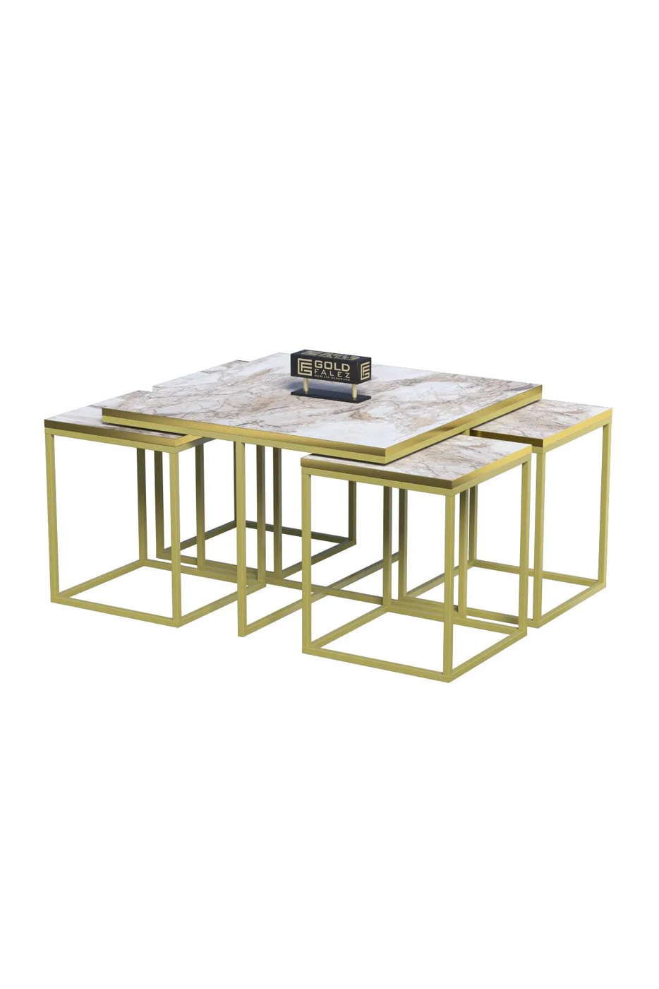 Goldfalez Gold Metal İskelet 5'li Orta Sehpa Seti Suntalam Efes Beyaz
